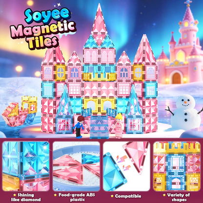Magnetic Tiles 102pcs with 2 Stairs 2 Dolls Princess Castle Building Girls Toys Age 4-5 6-8 Magnetic Blocks Birthday Xmas Gifts for Girls Toys for 3 4 5 6 7 8+ Year Old