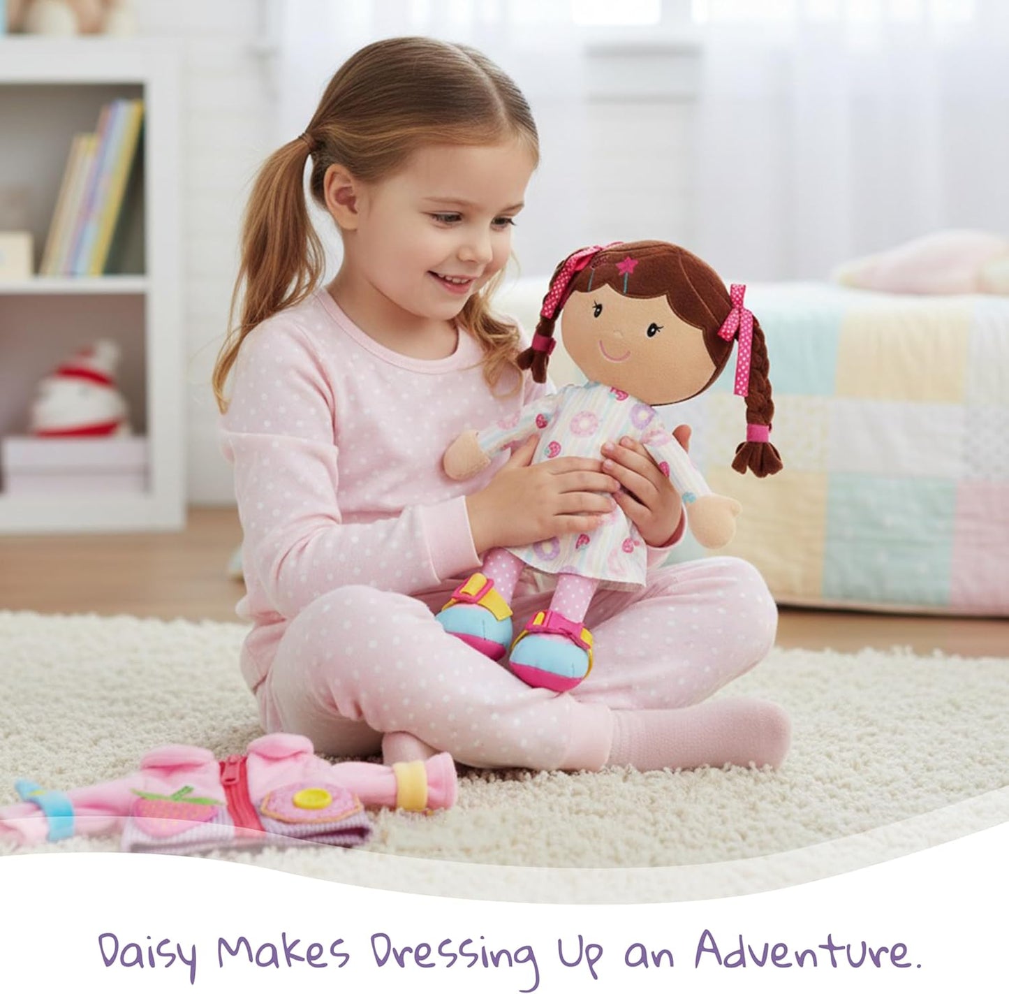 June Garden 16" Dressy Friends Bunnie - Educational Stuffed Plush Doll for Kids and Toddlers 2 Years and Up - Montessori Soft Toy Doll