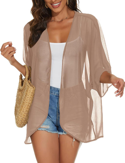 Womens Kimono Cardigans Beach Cover ups Swimwear Puff Sleeve Loose Casual Summer Tops 2026