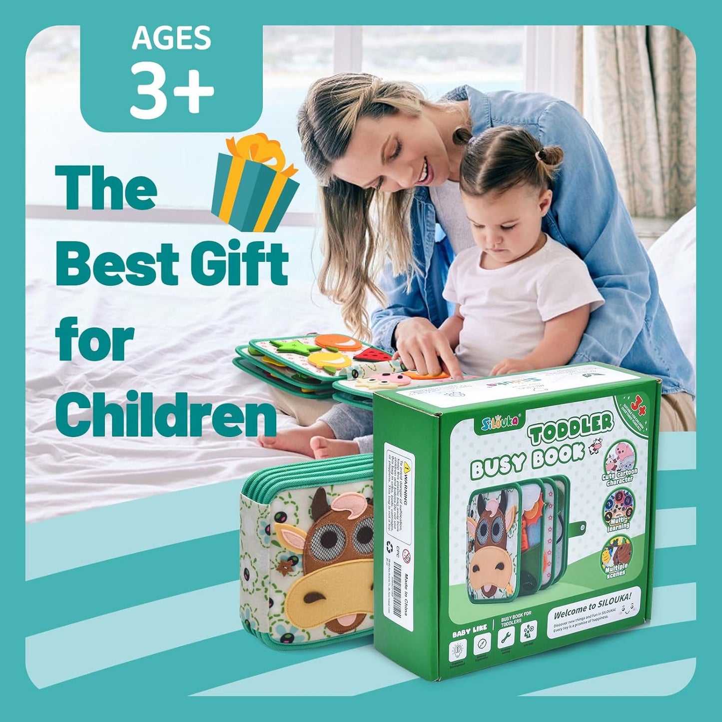 Montessori Busy Book for Toddlers 1-3, Felt Quiet Book & Busy Board for Preschool Learning, Fine Motor Skills & Sensory Play, Educational Travel Toy and Gift for Kids – Farm Animals Theme, Green