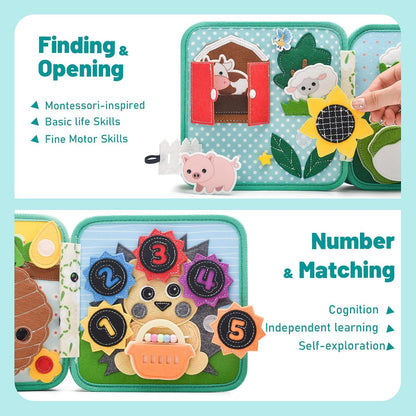 Montessori Busy Book for Toddlers 1-3, Felt Quiet Book & Busy Board for Preschool Learning, Fine Motor Skills & Sensory Play, Educational Travel Toy and Gift for Kids – Farm Animals Theme, Green