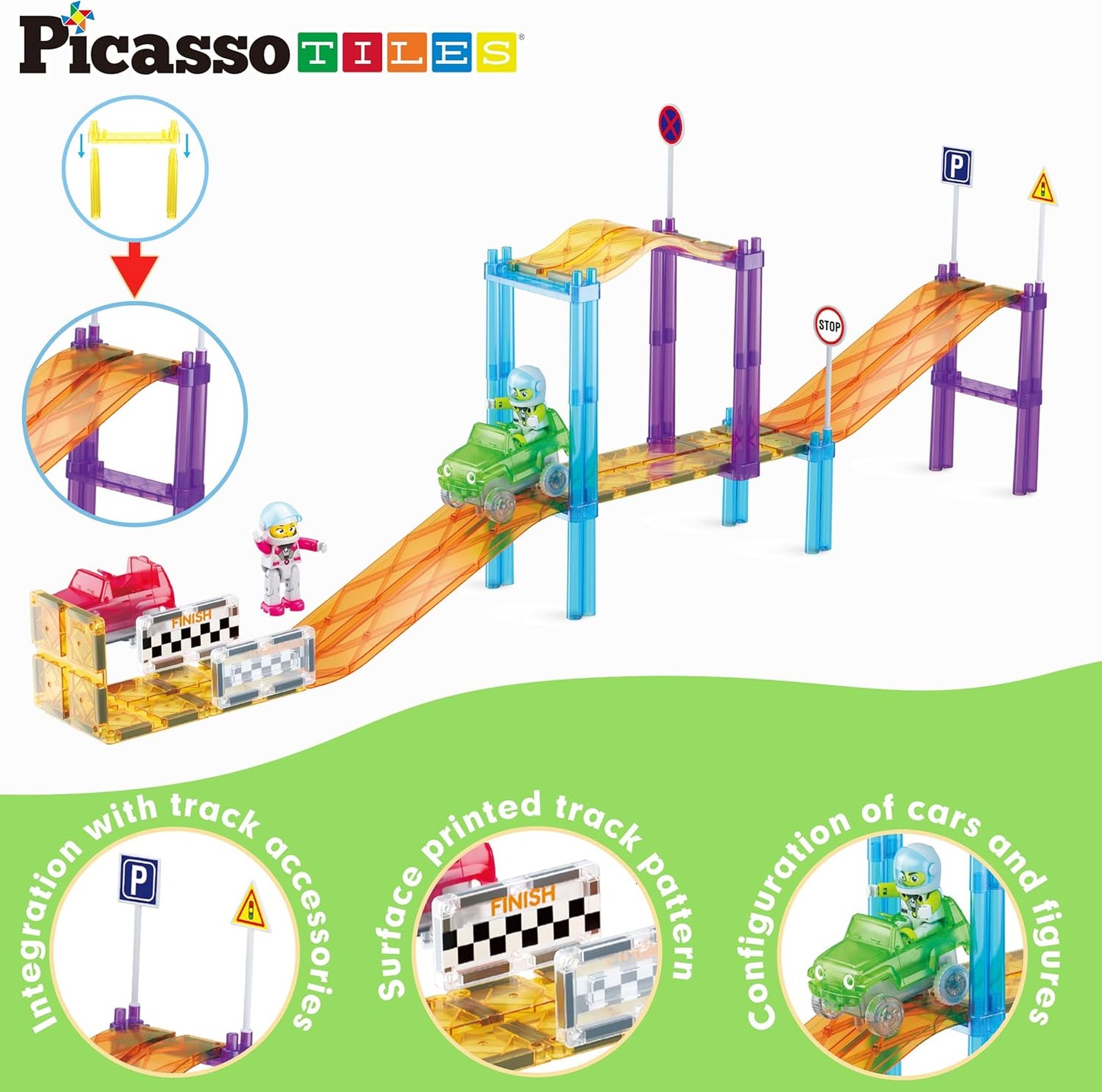 PicassoTiles 50pc Racecar Track Magnetic Tiles Educational Kids Toy with 2 Light Up Trucks STEM Preschool Learning Magnet Tile Toddler Toys Boys Girls Ages 3+ Blocks Game Puzzles Build Playset PTR50