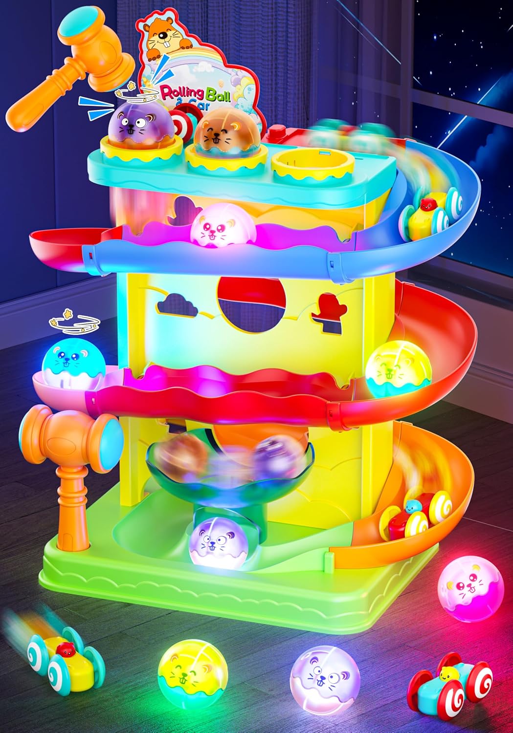 Funwee 2-in-1 Light Up Rolling Ball & Racing Car Ramp Toddler Toy, Race Track Hammer Ball Drop Toys, Interactive Montessori Learning Game for Kids 1-5+ Year Old Girl Boy Gift(Pink)