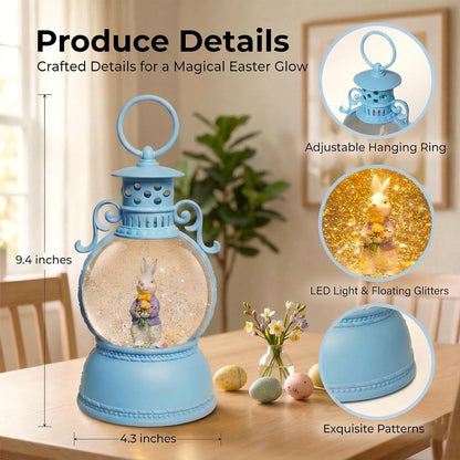 Easter Snow Globe Lantern, 9.4" Bunny Couple Lighted Snow Lantern with 6-Hour Timer, Battery or USB Powered, Spring Easter Decorations for Home, Easter Bunny Gift & Blue Easter Decor