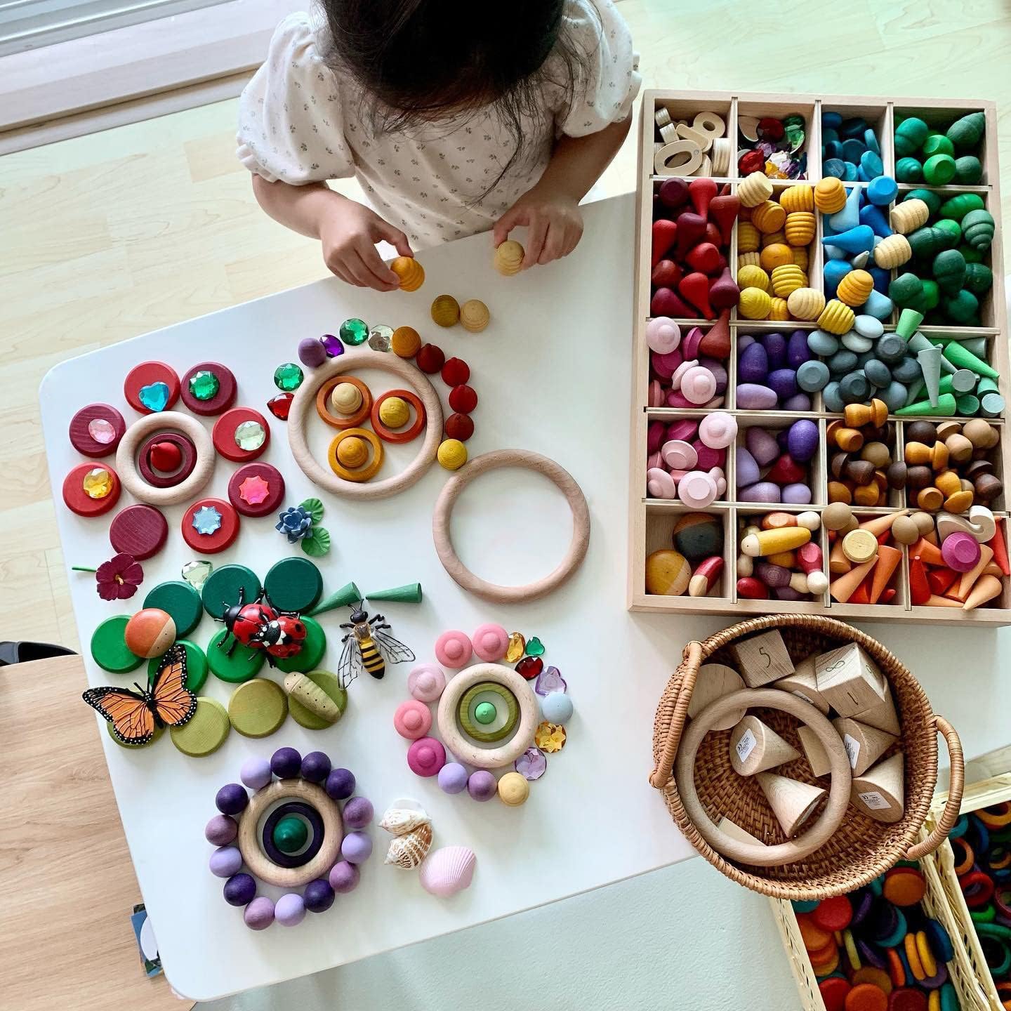Candywood Large Set Full Rainbow Color Style Wooden Loose Parts Sensory Play Toys, Mandala 7 Shapes, 27 Colors, Stacker Nesting Toys Parts(81 PCS)…