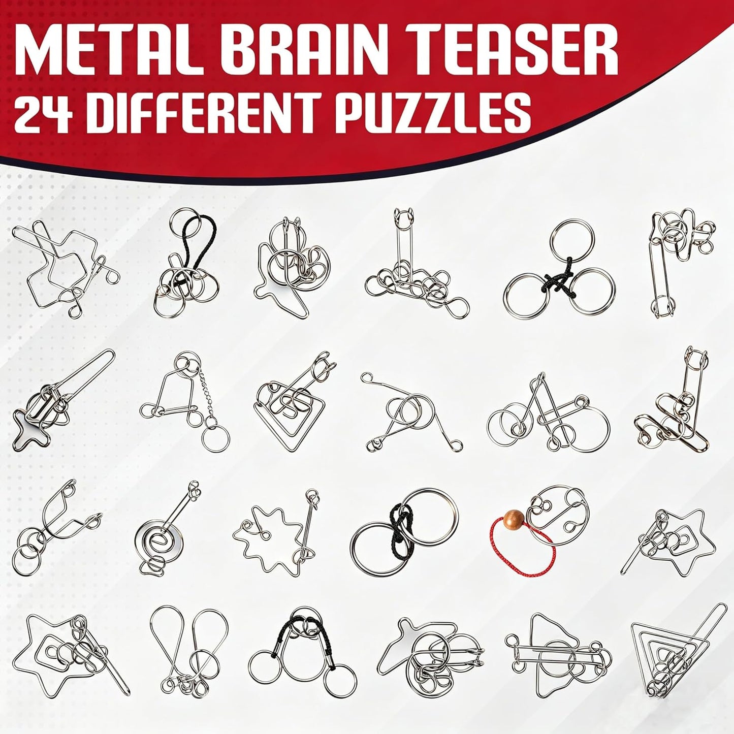 Metal Puzzles Brain Teaser, 24pcs Metal Wire Puzzles for Adults Kids Teenagers, Classical Mini Mind Ring Puzzle Set, Educational IQ Unlock Interlocking Toy Lock Puzzle Gift Set