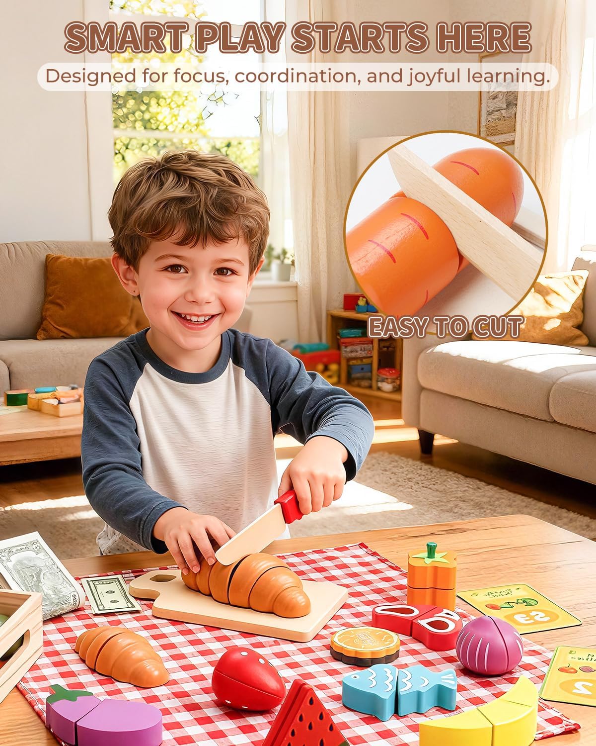 Wooden Play Food Set for Kids Kitchen - Pretend Cutting Toys with Fruits, Vegetables, Meat & Bakery - Montessori Sorting Toy for Boys & Girls Ages 3-8 - Ideal Gift for Christmas & Birthday