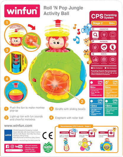 winfun Roll 'N Pop Jungle Activity Ball with Light-Up Lion, Pop-Up Monkey, Sliding Beads & Roller Ball – Interactive Sensory Toy for Babies, Promotes Fine Motor Skills, Coordination & Cognitive
