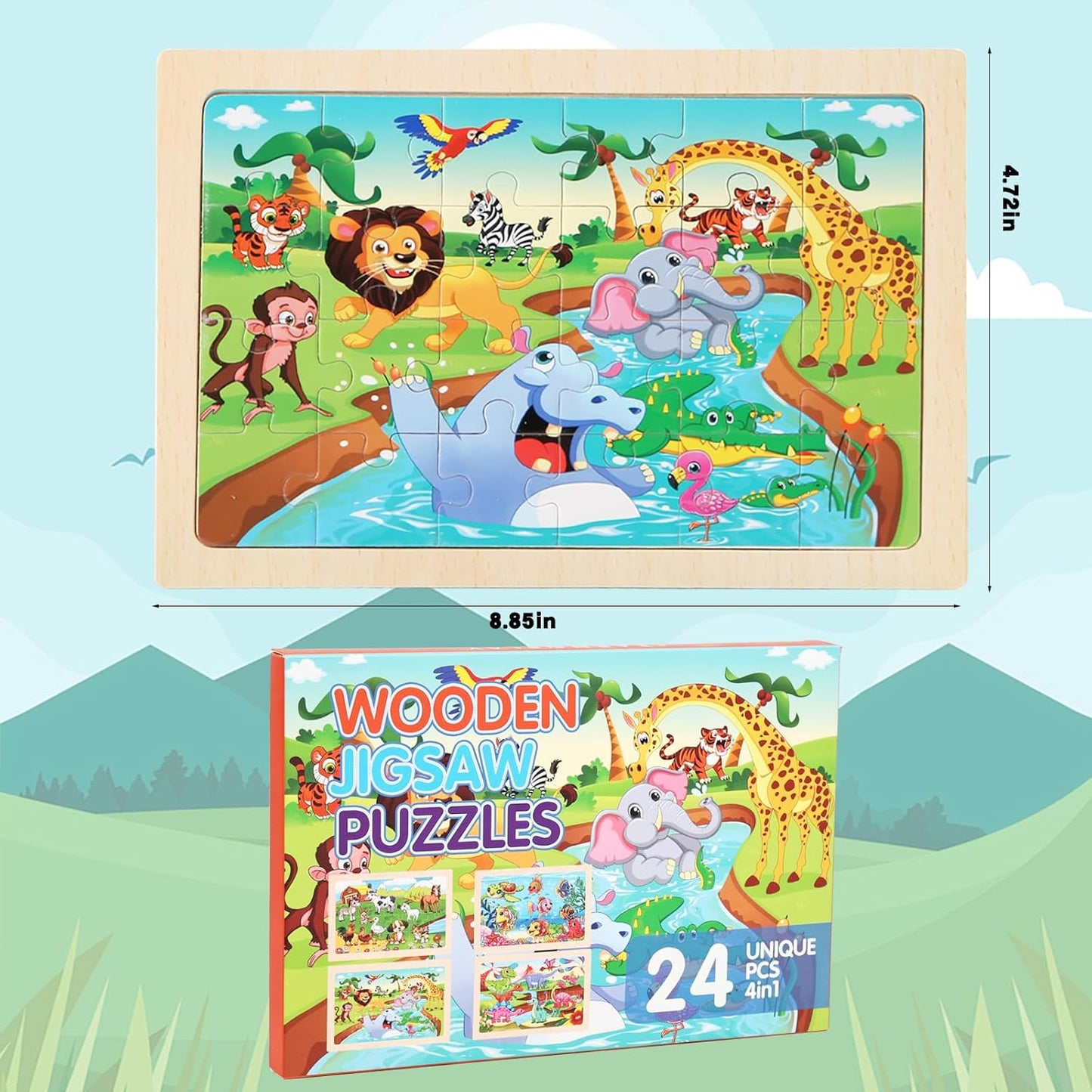 4 Sets of Wooden Puzzles, Each Set has 24 Pieces, Including Castle Unicorn Princess, for Toddlers 3-5, Puzzles for Kids Ages 4-6, Preschool Educational Brain Teaser Toys for Girls 3 4 5 6 Years Old.