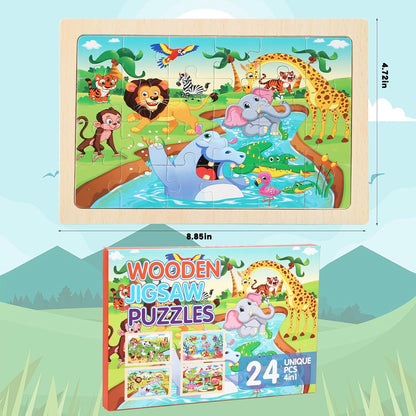 4 Sets of Wooden Puzzles, Each Set has 24 Pieces, Including Castle Unicorn Princess, for Toddlers 3-5, Puzzles for Kids Ages 4-6, Preschool Educational Brain Teaser Toys for Girls 3 4 5 6 Years Old.