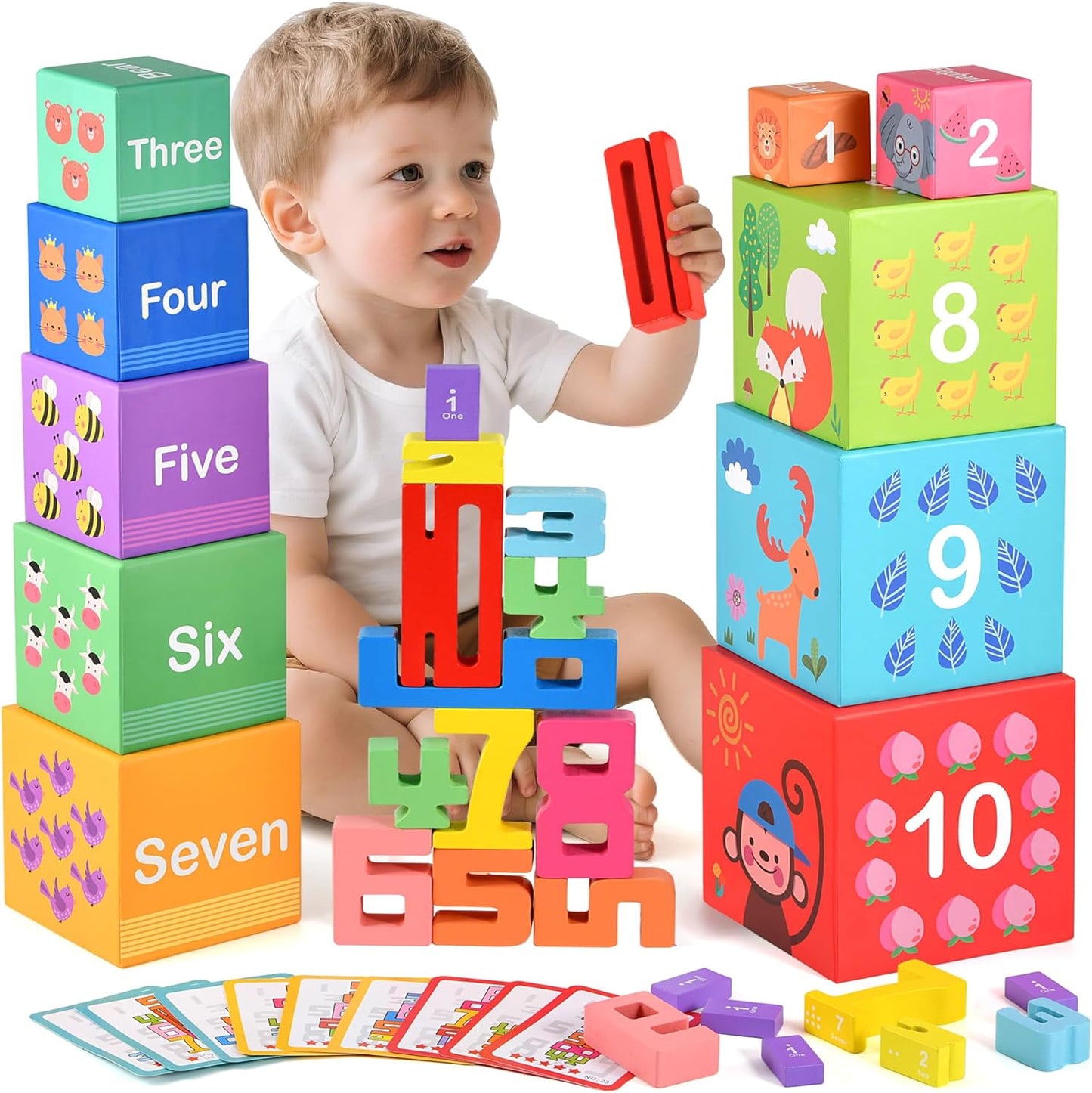 Wooden Number Building Blocks & Stacking Toys for Toddlers 3+ Years Old, Digital Building Blocks, 1-10 Digital Blocks Toys, Balance Competition Toy, Educational Gift for Kids Boys and Girls