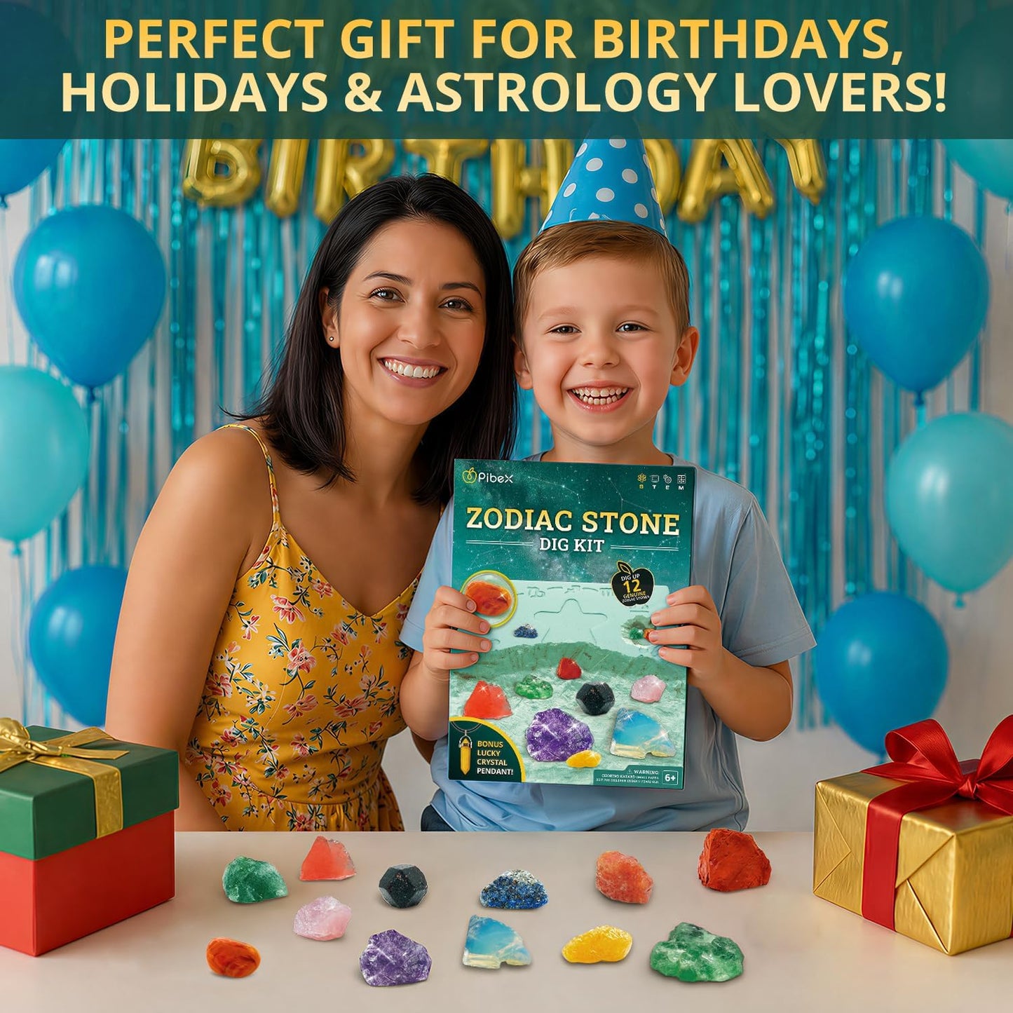 PIBEX Birthstone Dig Kit, Excavate 12 Real Gems & Crystals, DIY Gemstone Necklace & Bonus Pendant, STEM Educational Gemology Toy, Rock Geology Gifts for Boys & Girls 6-12