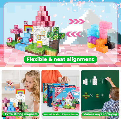 Annexfun Magnetic Blocks - 100PCS Building Blocks Unicorn Cubes - Toys for Montessori Toddler Christmas Birthday Gifts - STEM Sensory Toys for 3 4 9 10 Year Old Girl