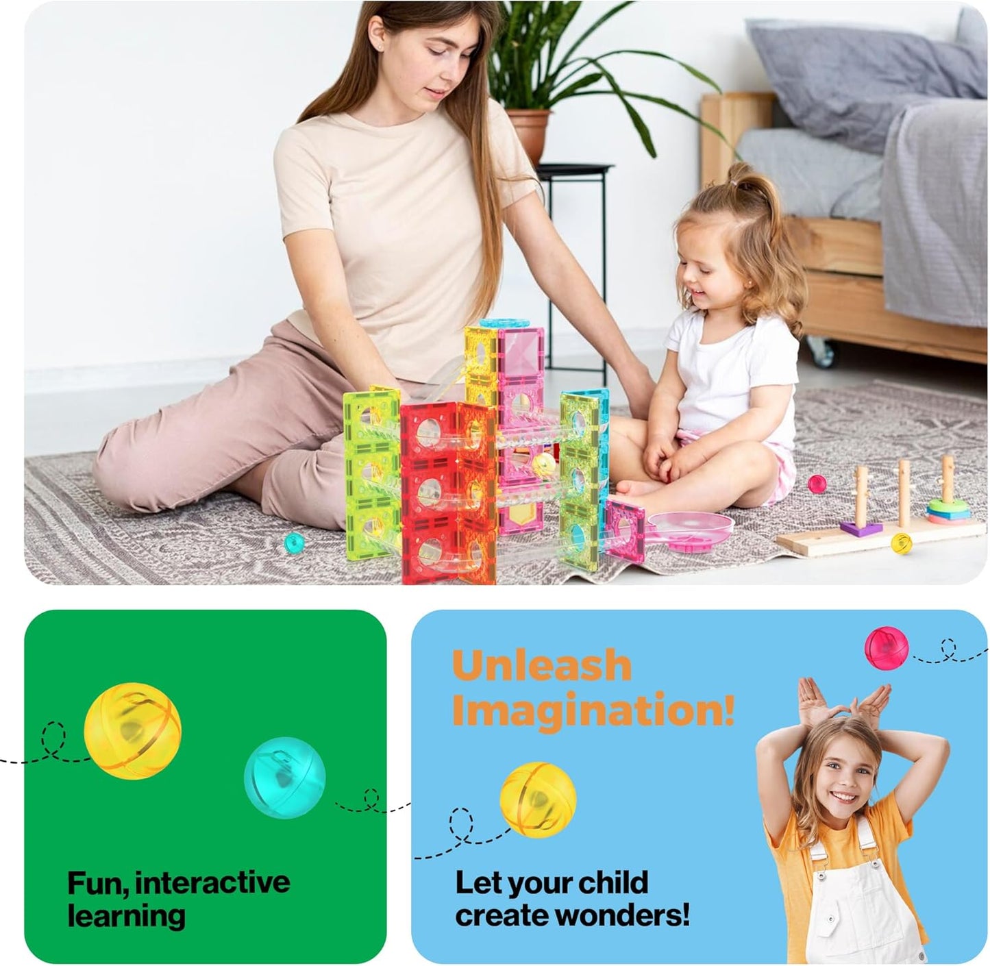 PicassoTiles Marble Run 60 Piece Race Track Magnetic Tiles Magnet Building Block Educational Construction Toy Set Playset STEM Learning Kit Child Brain Development HandEye Coordination Training PTG60