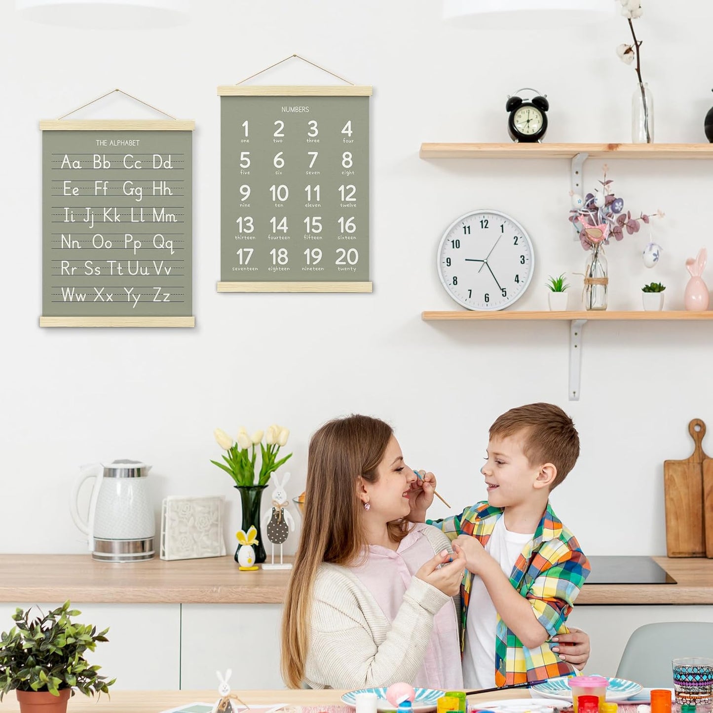 BONETAT Numbers alphabet poster for Nursery Toddlers, Play Room Wall Decor, ABC Wall Chart, Wall Hanging Decor for Toddler Playroom Decor Kids Wall Decor, Wooden Alphabet Banner-A02