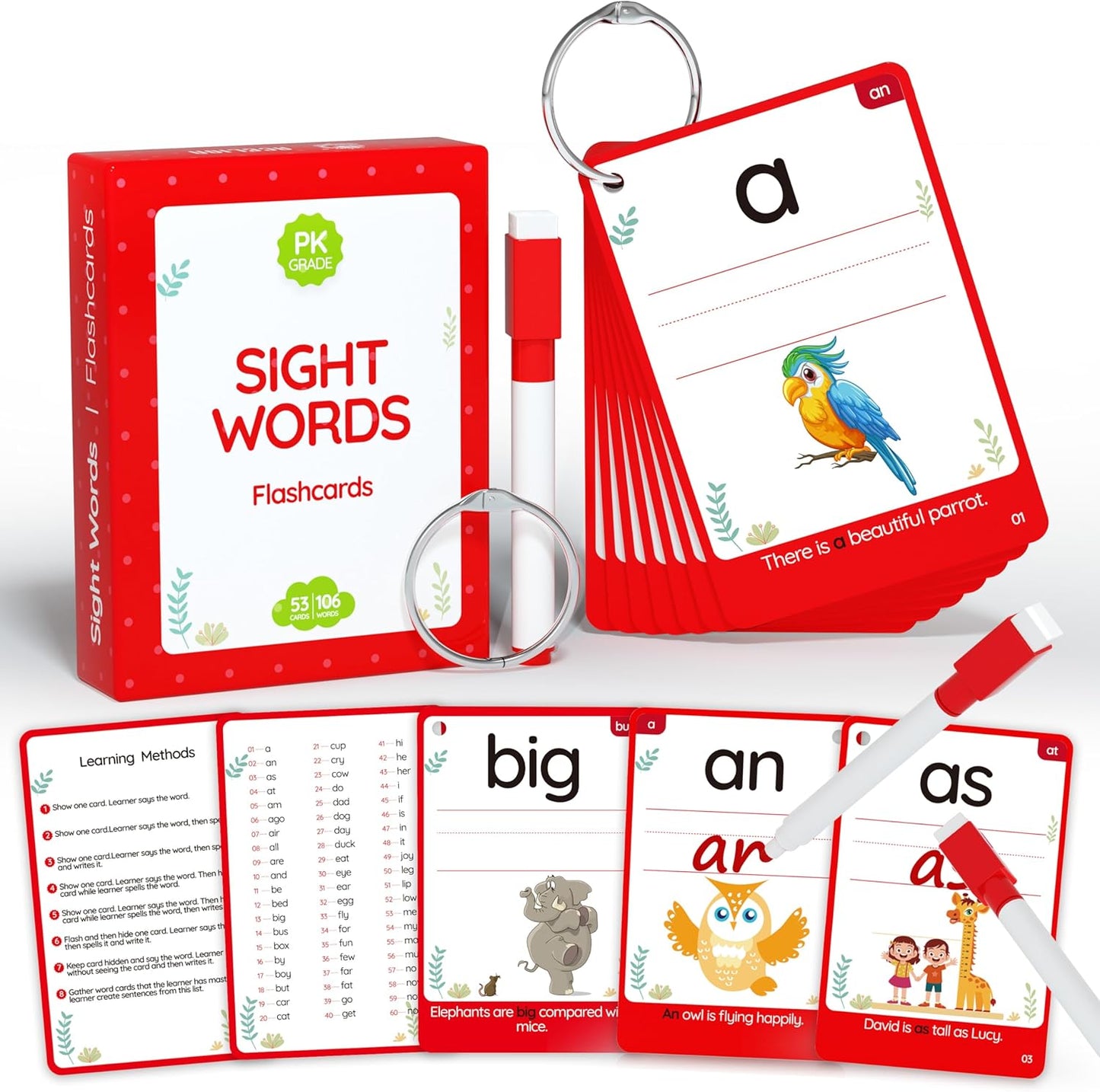 WJPC 55 Cards, 106PCS High Frequency First-Grade Sight Words Flash Cards, 1st Grade Phonics Learning Cards for 5,6,7,8 Years Ages Kids Boys, Girls Learn to Read, Write, Association, Sentence Making