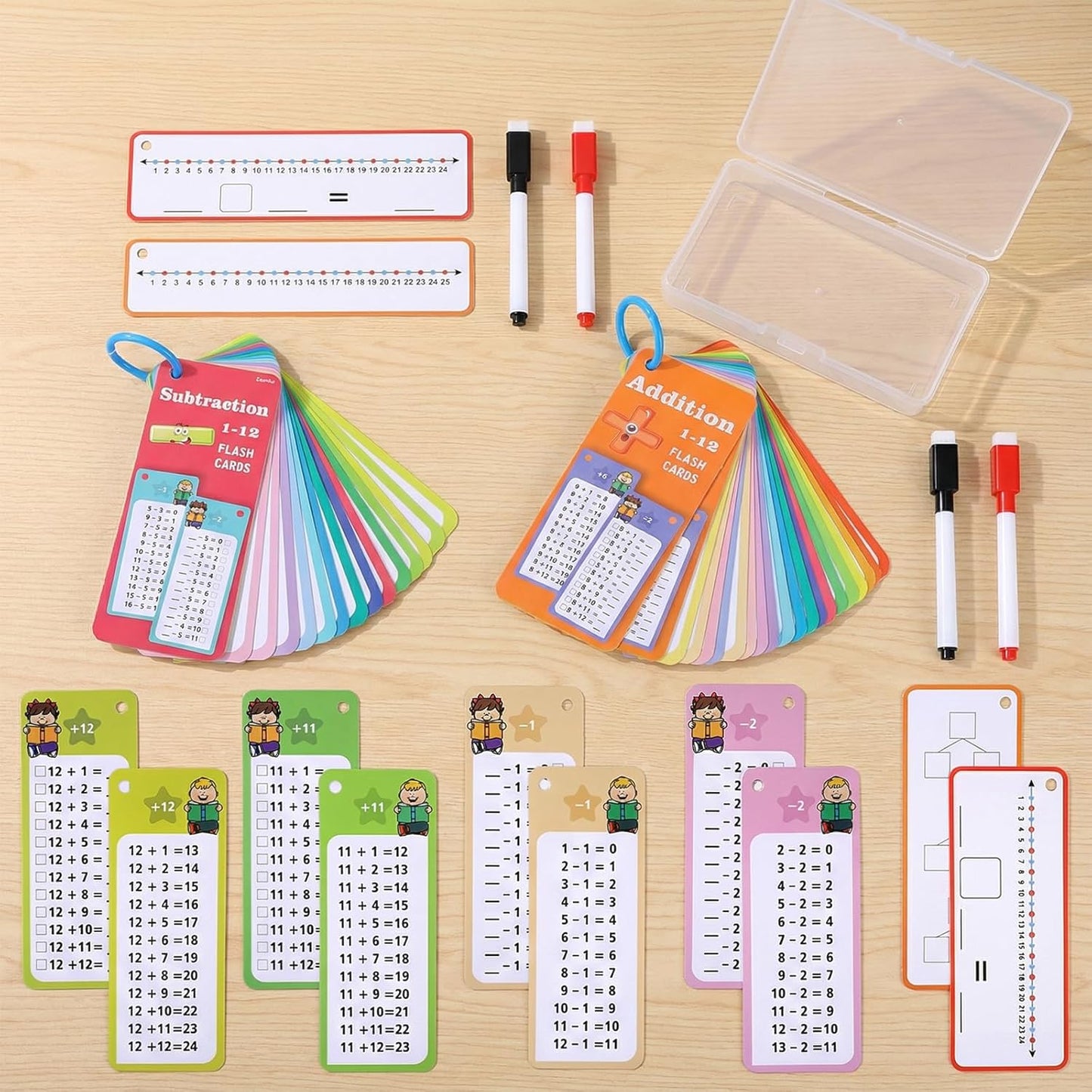 30 Pcs Addition and Subtraction Flash Cards, Math Flash Cards for 1st to 3rd Grades, Math Games Times Table Flashcards with 4 Dry Erase Pens 2 Rings for Learning
