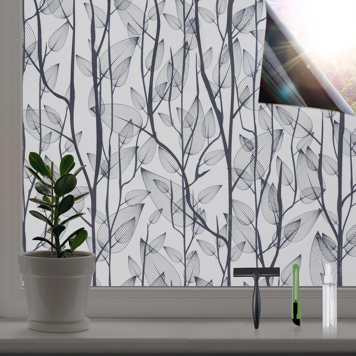 Leaf Pattern Window Tint with Installation Tools, Blackout Window Cover, Sun Blocking Window Tint for Home (Full Blackout Opaque, 17.7'' x 78.7'')