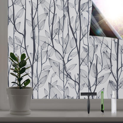 Leaf Pattern Window Tint with Installation Tools, Blackout Window Cover, Sun Blocking Window Tint for Home (Full Blackout Opaque, 17.7'' x 78.7'')