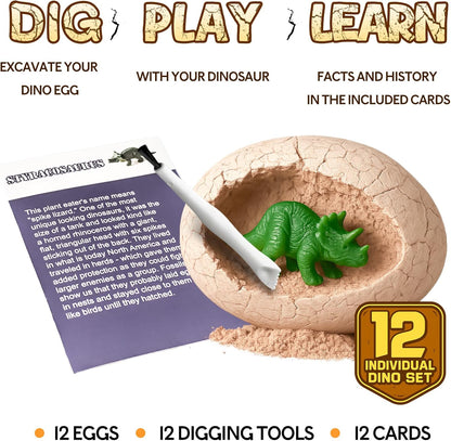 Dinosaur Eggs Dig Kit - 12 Dinosaur Eggs Excavation Science Experiments Kits for Kids Age 3-12, Dino Birthday Party Favors, Archaeology Digging Activities, Easter Basket/Stocking Stuffers