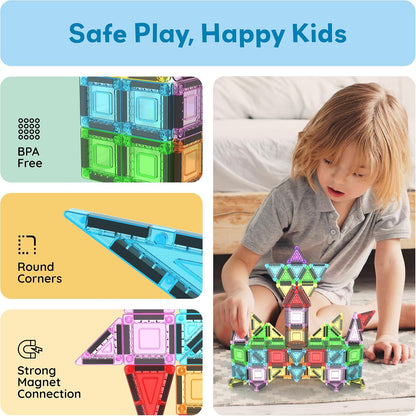 PicassoTiles 60 pcs Mini Magnetic Tiles Magnet Toys Travel-Friendly On-The-Go Building Blocks for Kids Compact Lightweight Creative playset Preschool Montessori Early Learning STEM Kids Toy Ages 3+.
