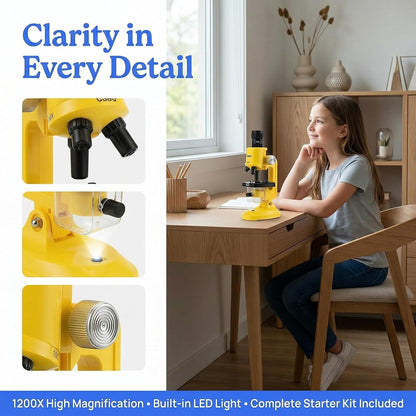 Kids Microscope Kit with LED Light - 100X/400X/1200X Magnification for STEM Learning, 12 Prepared Slides, Easy-to-Use Science Learning Kit (Ages 5-12) - Yellow