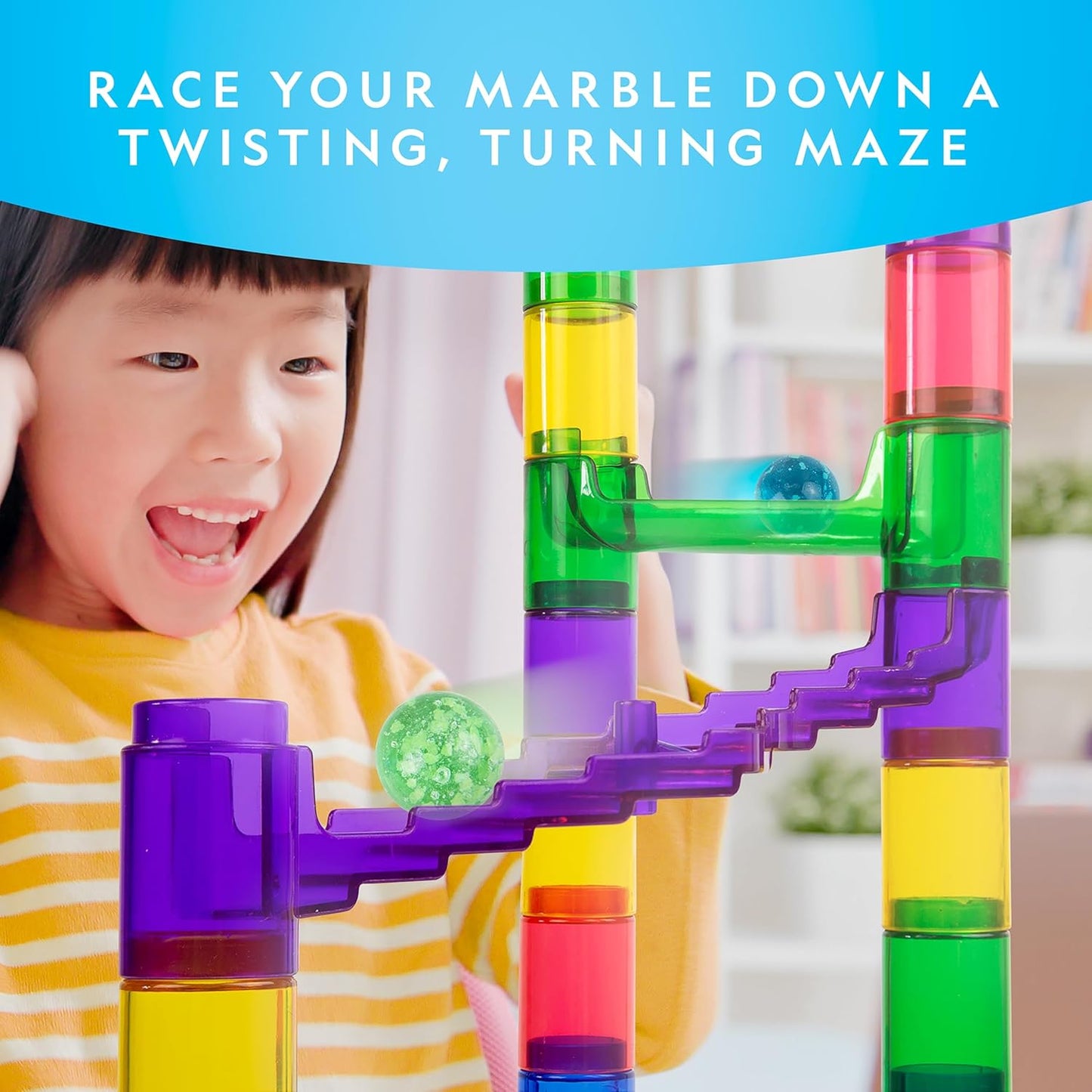 National Geographic Glowing Marble Run – 115 Piece Construction Set with 25 Glow in The Dark Glass Marbles, Storage Bag, Great Creative STEM Toy for Girls and Boys