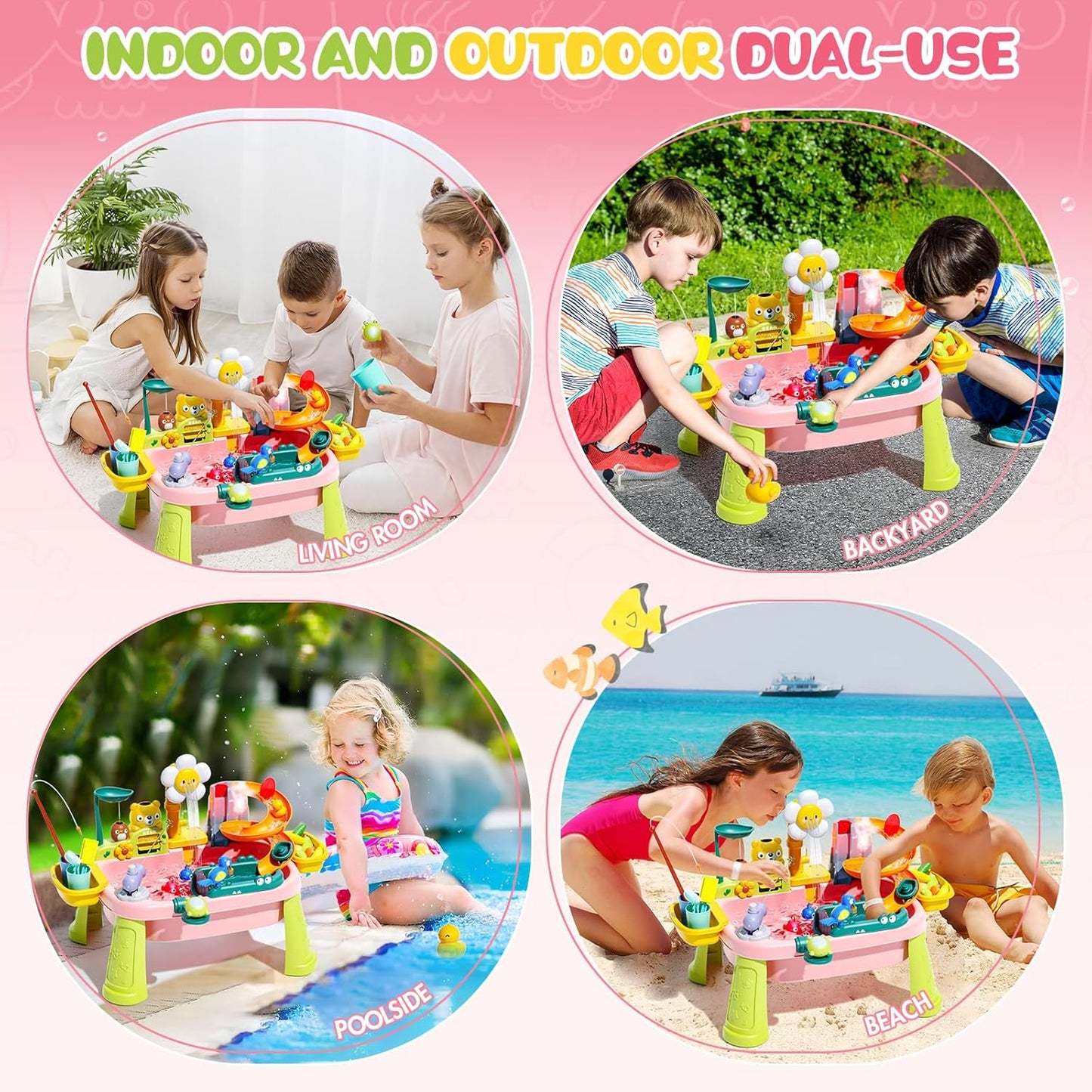 2026 Upgraded Pink Stand Water Table for Toddlers 1-3 - Outdoor Toys for Kids Ages 3-8 with Pump, Summer Outside Sensory Activity Pool Toys, Kitchen Play Sink Toy with Running Water, Fishing Toy