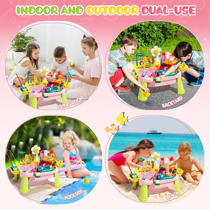 2026 Upgraded Pink Stand Water Table for Toddlers 1-3 - Outdoor Toys for Kids Ages 3-8 with Pump, Summer Outside Sensory Activity Pool Toys, Kitchen Play Sink Toy with Running Water, Fishing Toy