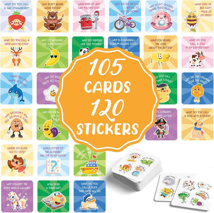 105 Joke Cards for Kids Lunch Box Jokes for Kids, Inspirational Lunch Notes for Boys Girls Students School Notes Jokes Cards with 120 Reward Stickers for Teacher