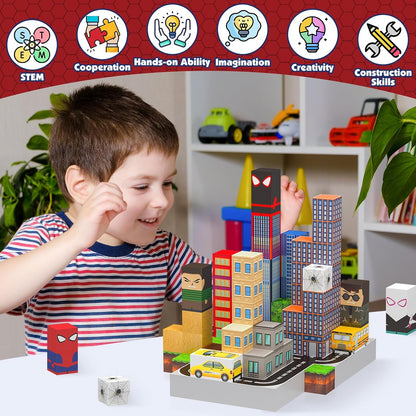 150PCS Magnetic Blocks Building Toys Set, Spider Toys Magnetic Building Blocks for Boys Girls Ages 3+, 1 Inch Magnet Cubes STEM Sensory Construction Toy City Themes