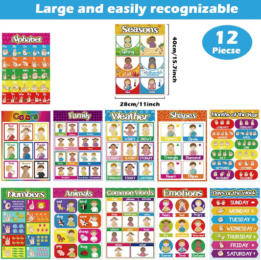 Sign Language Poster ASL Poster for Classroom 12 Pieces ASL Posters Sign Language Flash Cards for Toddlers Kids Students Classroom Decoration