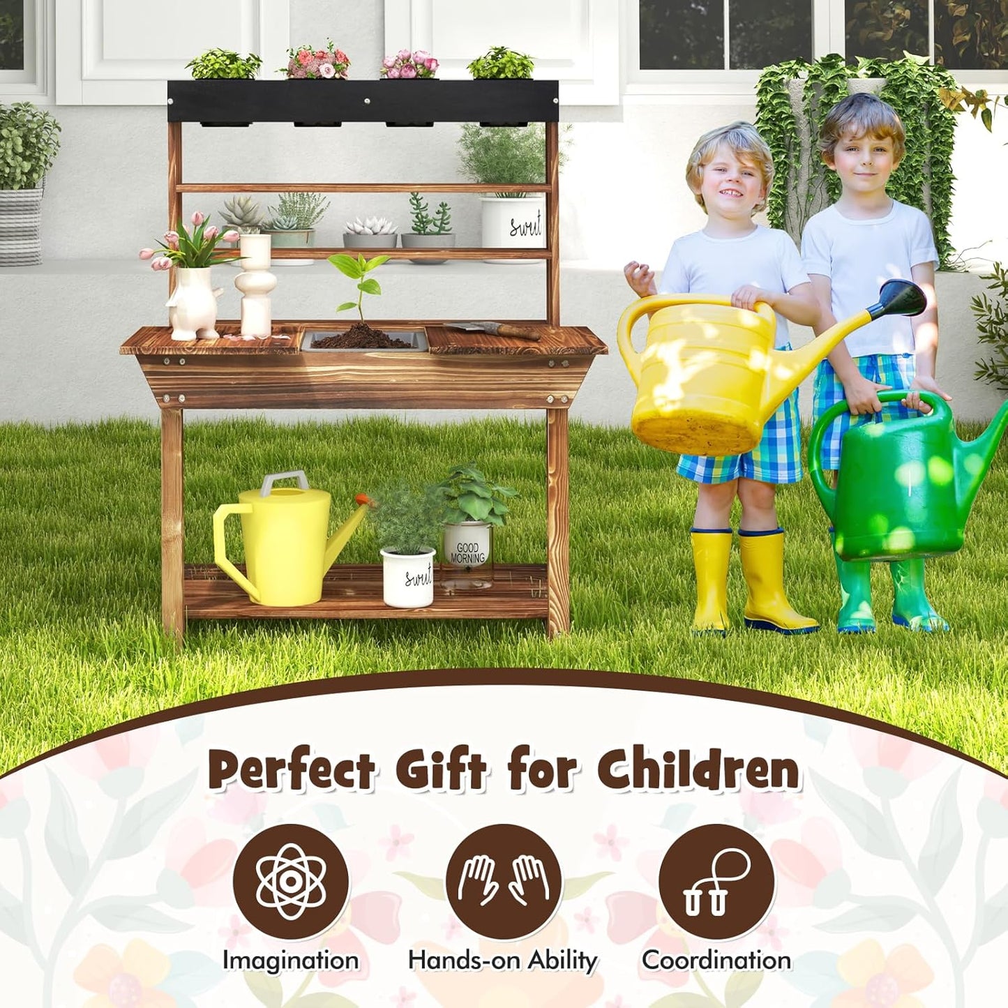 KOTEK Mud Kitchen with Canopy, Outdoor Play Kitchen with Removable Sink, Chalkboard, 4 Stoves, Cooking Accessories & Storage Cabinet, Wooden Toy Kitchen Playset for Kids Age 3+