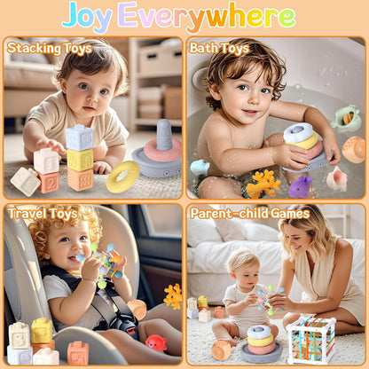 7-in-1 Montessori Baby Toys with Shape Sorter Sensory Bin, Stacking Cups, Soft Sea Animal Toys for 6-12-18 Months, Fun Bath Time Learning Developmental Toys Gifts for 1 2 3 Year Old Girls Boys