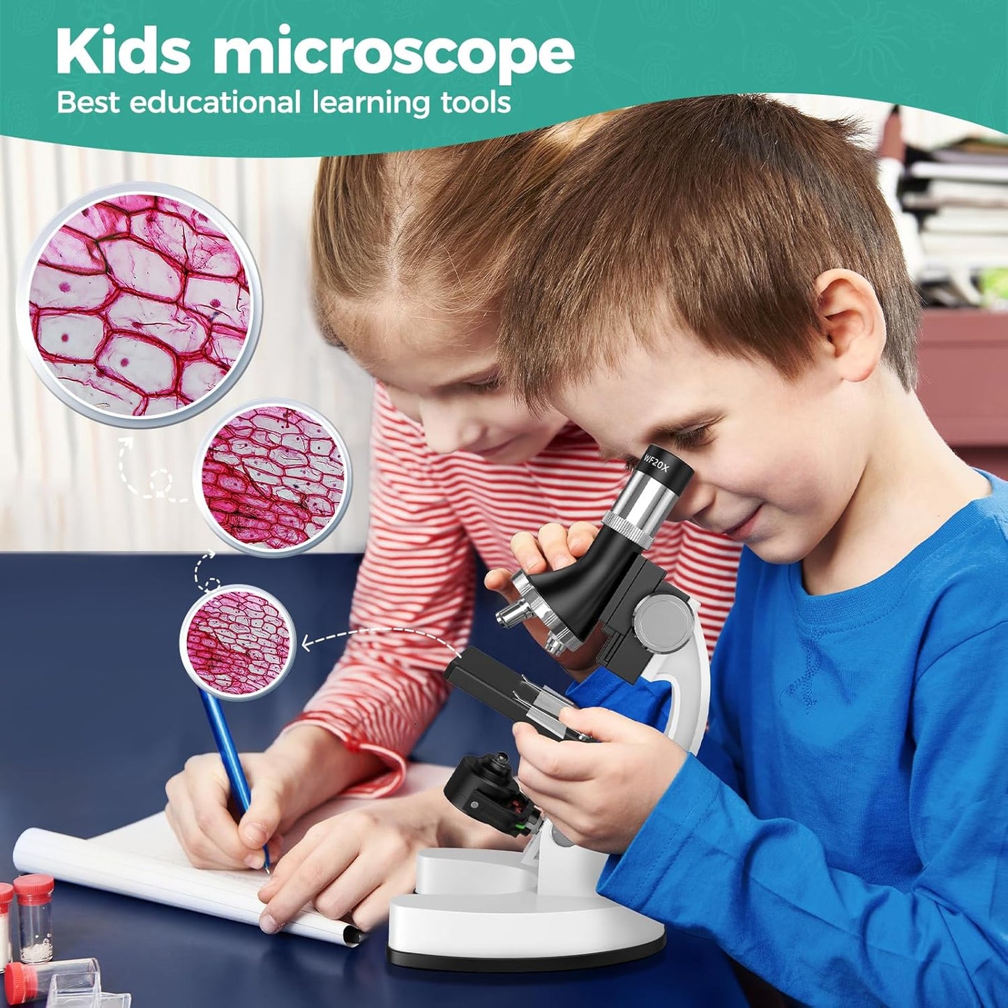 USCAMEL Kids Microscope Science Kit - 1200X Microscope for Kids 8-12 with Prepared Slides Metal Body LED Light Carrying Box Educational Compound Toy Set for Children Ages 5 Year Old Boys & Girls Gift