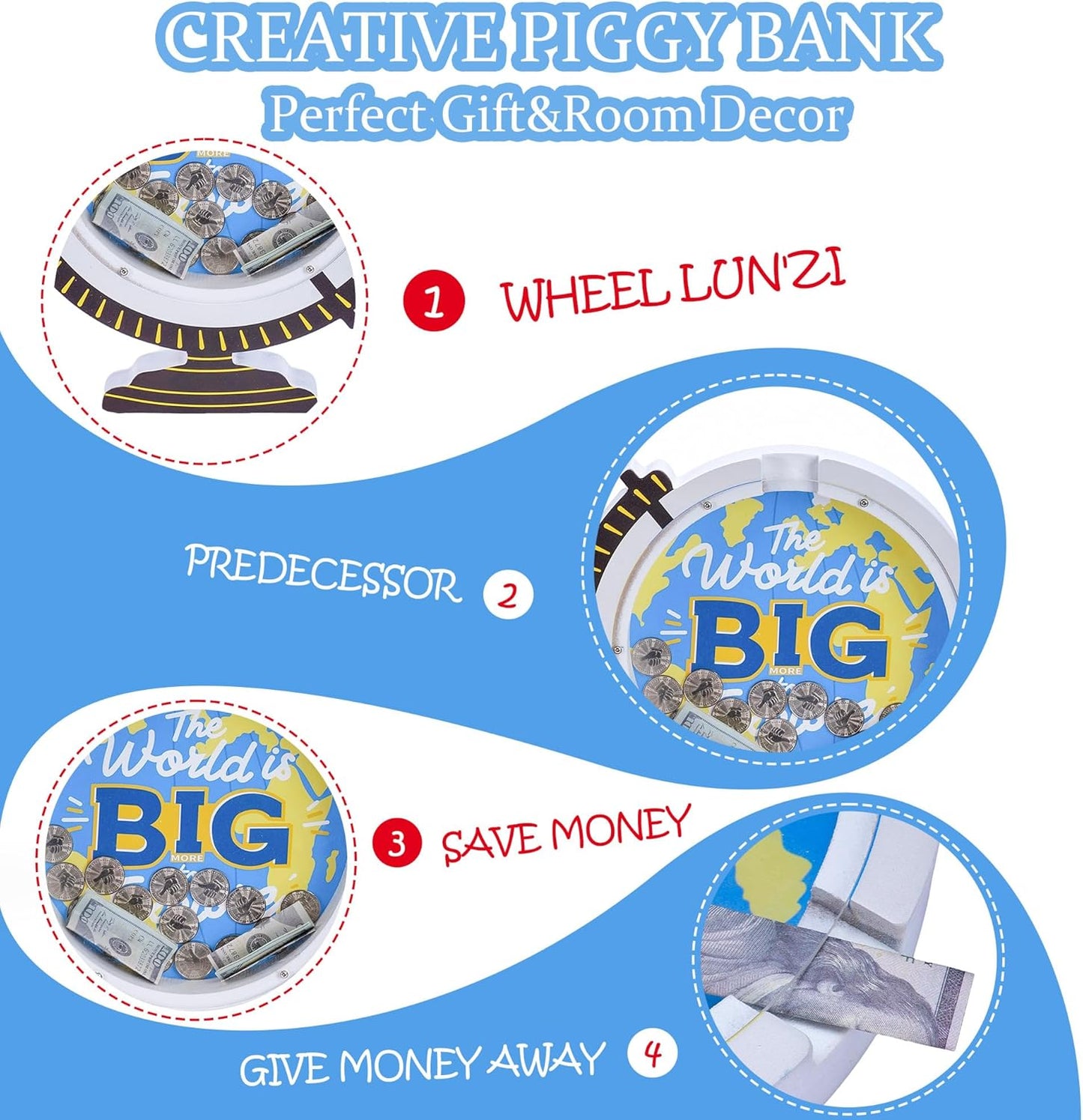 Wooden Globe Piggy Bank for Boys Kids Girls Clear Real Money Coin Bank Toy Toddler Birthday
