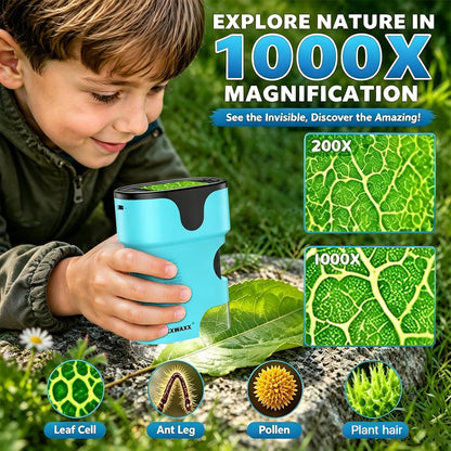 1000X Pocket Microscope for Kids - 4K 2.0" Screen, Digital Mini Scope with Slides Kit, Rechargeable Lab Handheld Portable Microscopes for Kids 4-12 Students Teens