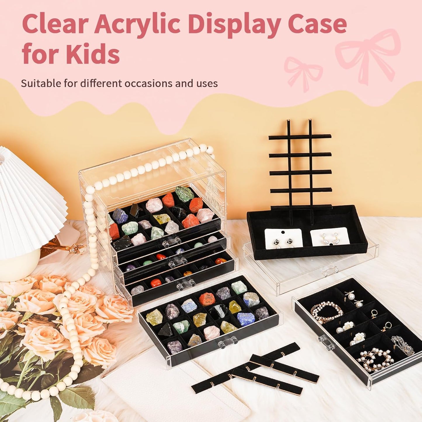Bfttlity Acrylic Rock Display Case,54 Grids Rock Collection Box for Kids with Mini Magnifying Glass and Gloves, Clear Display Cases for Stones Collectibles Gemstone Crystals Storage Boxes