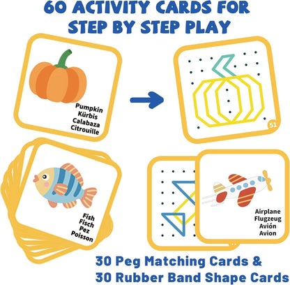 2-in-1 Wooden Peg Board & Geoboard for Kids Ages 5+, Montessori Fine Motor Skills Toy with 49 Wooden Pegs, 60 Activity Cards, Rubber Bands & Storage Box, Shape Building and Pattern Matching Game