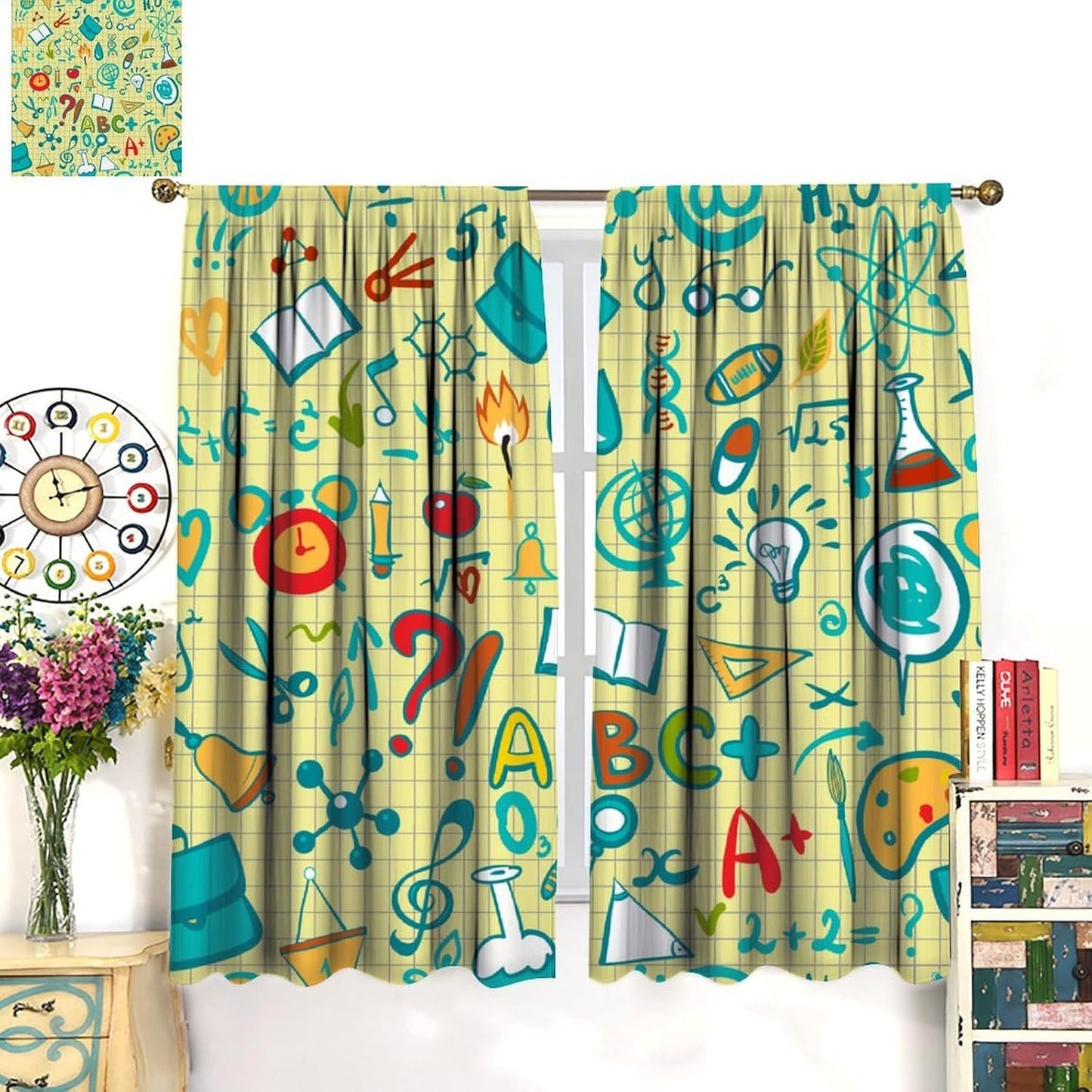 Science Physics Window Curtains, Abstract Math Chemistry Curtain Scientist Graffiti Print Window Treatments for Kids Teens Bedroom Living Room Kitchen Set 2 Panels,42x63 Inches
