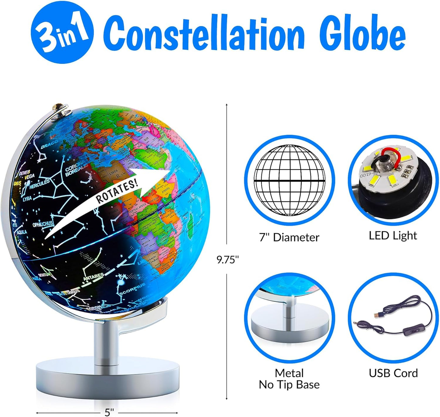 USA Toyz Illuminated Globe for Kids Learning- 3-in-1 STEM Globes of the World with Stand, Constellation Map, Built-in LED Night Light Desk Globe Lamp, Non-Tip Metal Base, 9.75” Tall, 7 Inch Diameter
