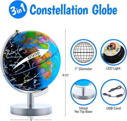 USA Toyz Illuminated Globe for Kids Learning- 3-in-1 STEM Globes of the World with Stand, Constellation Map, Built-in LED Night Light Desk Globe Lamp, Non-Tip Metal Base, 9.75” Tall, 7 Inch Diameter