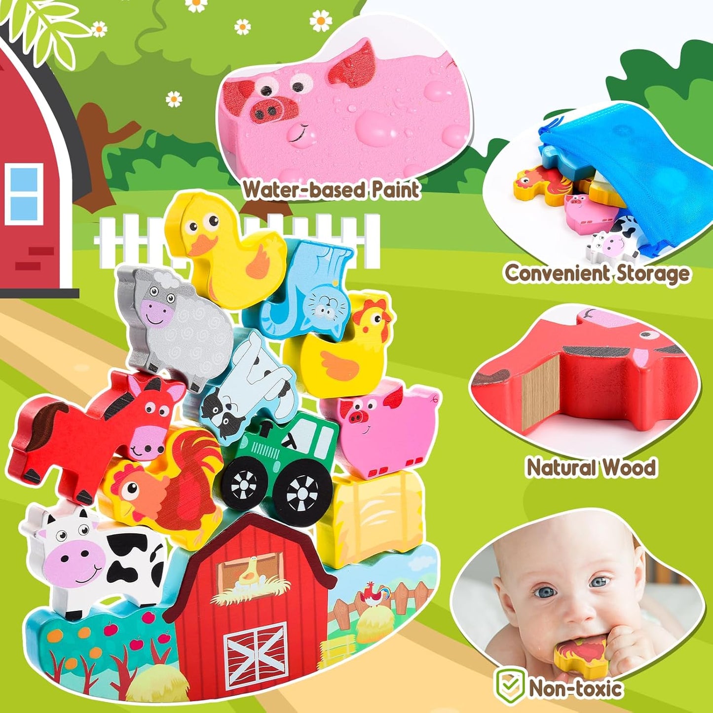 IPOURUP Montessori Toys for Kids 3-7 Wooden Farm Animal Blocks Stacking Games Educational Toy for 3 4 5 6 Year Old Girls Boys Christmas Birthday Gifts for Grandkids Toddler Balance Game Girls Age 3-5