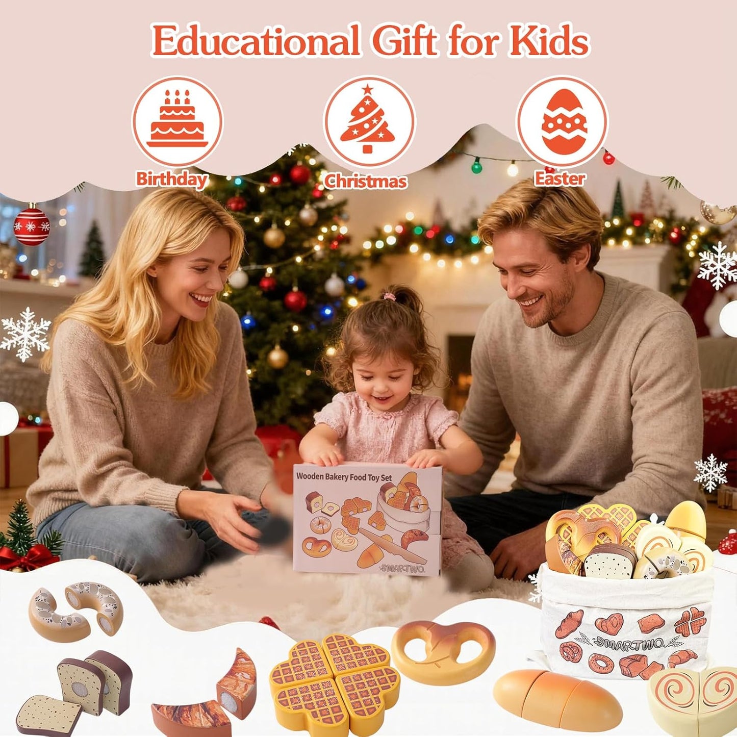 Wooden Play Food Toys for Toddler,Kids Baking Cutting Game Set,Children Kitchen Bakery Pretend Play,Early Educational Toy Gift for Boys Girls