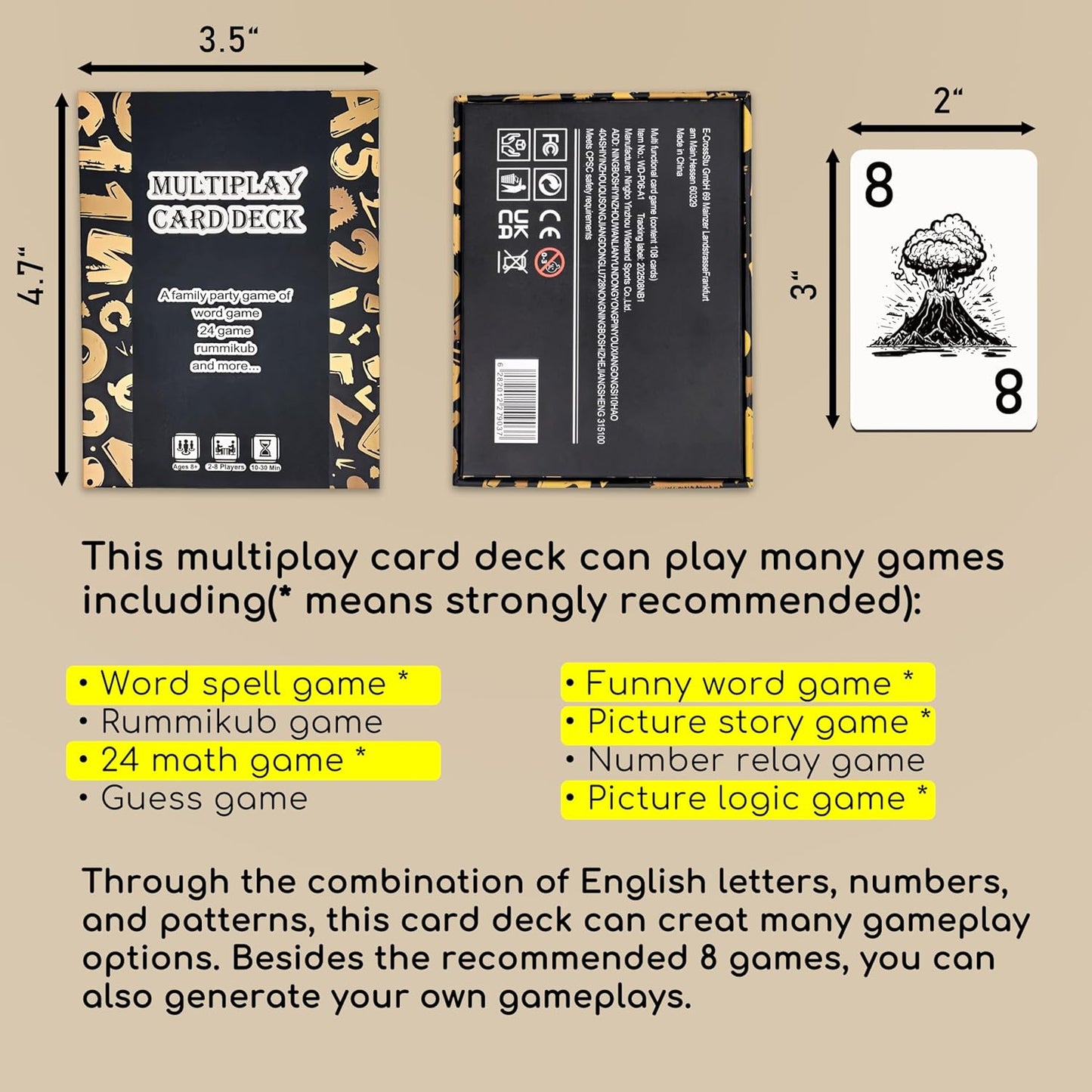 Multiplay Card Deck - 108 Cards Family Party Game Set, 8-in-1 Educational Card Games for Kids & Adults, Includes Word, Rummikub, 24 Math, Picture Story & More for 2-8 Players
