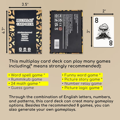 Multiplay Card Deck - 108 Cards Family Party Game Set, 8-in-1 Educational Card Games for Kids & Adults, Includes Word, Rummikub, 24 Math, Picture Story & More for 2-8 Players