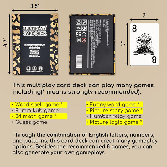 Multiplay Card Deck - 108 Cards Family Party Game Set, 8-in-1 Educational Card Games for Kids & Adults, Includes Word, Rummikub, 24 Math, Picture Story & More for 2-8 Players