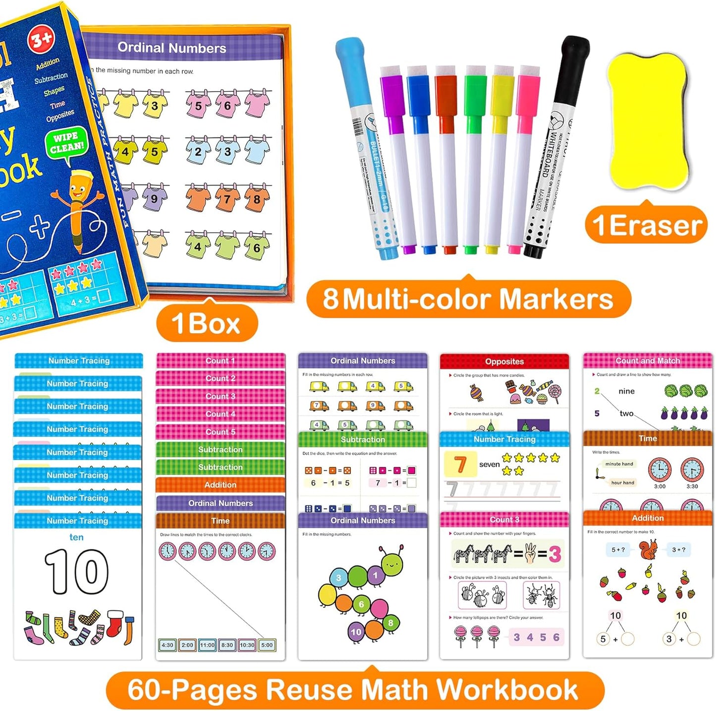 Preschool Learning Activities 60 Reusable Pages, Tracing Letter Number Handwriting Practice Book for Kids, Montessori Autism Educational Fine Motor Toddler Learning Toys for 3 4 5 Year Olds