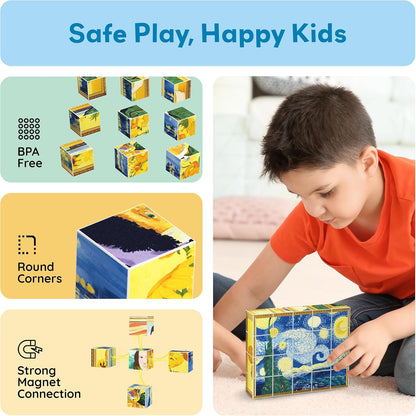 PicassoTiles Magnetic Cube Puzzle 7-in-1 Dinosaur Theme Pattern Magnet Mix Match Building Cubes Toy Set Kids Ages 3 & Up Preschool Children Promote Problem Solving Skills PMC10