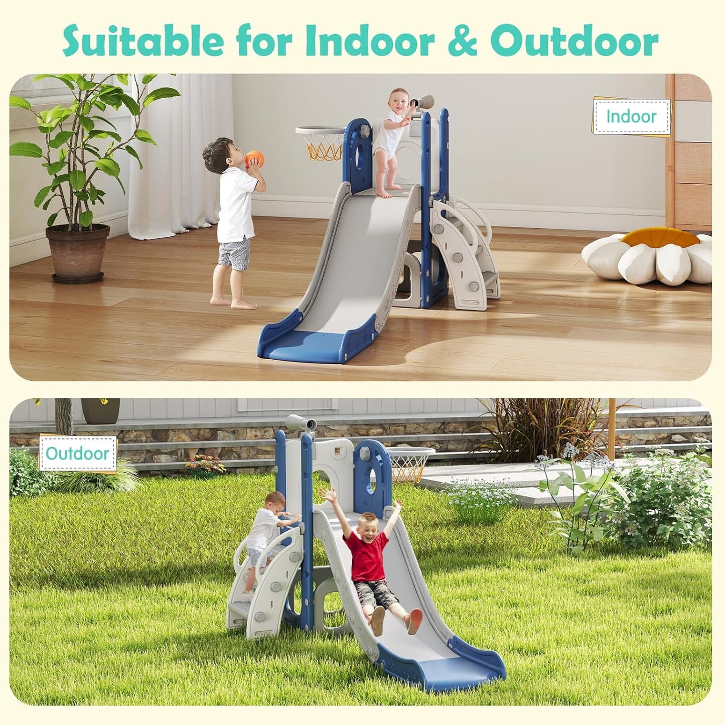 kinbor 6 in 1 Toddler Slide PlaySet - Indoor Outdoor Fun for Kids Ages 1-3, Includes Basketball Hoop, Telescope, Storage & Climber, Safe, Sturdy Baby Slide for Backyard Playground, Blue